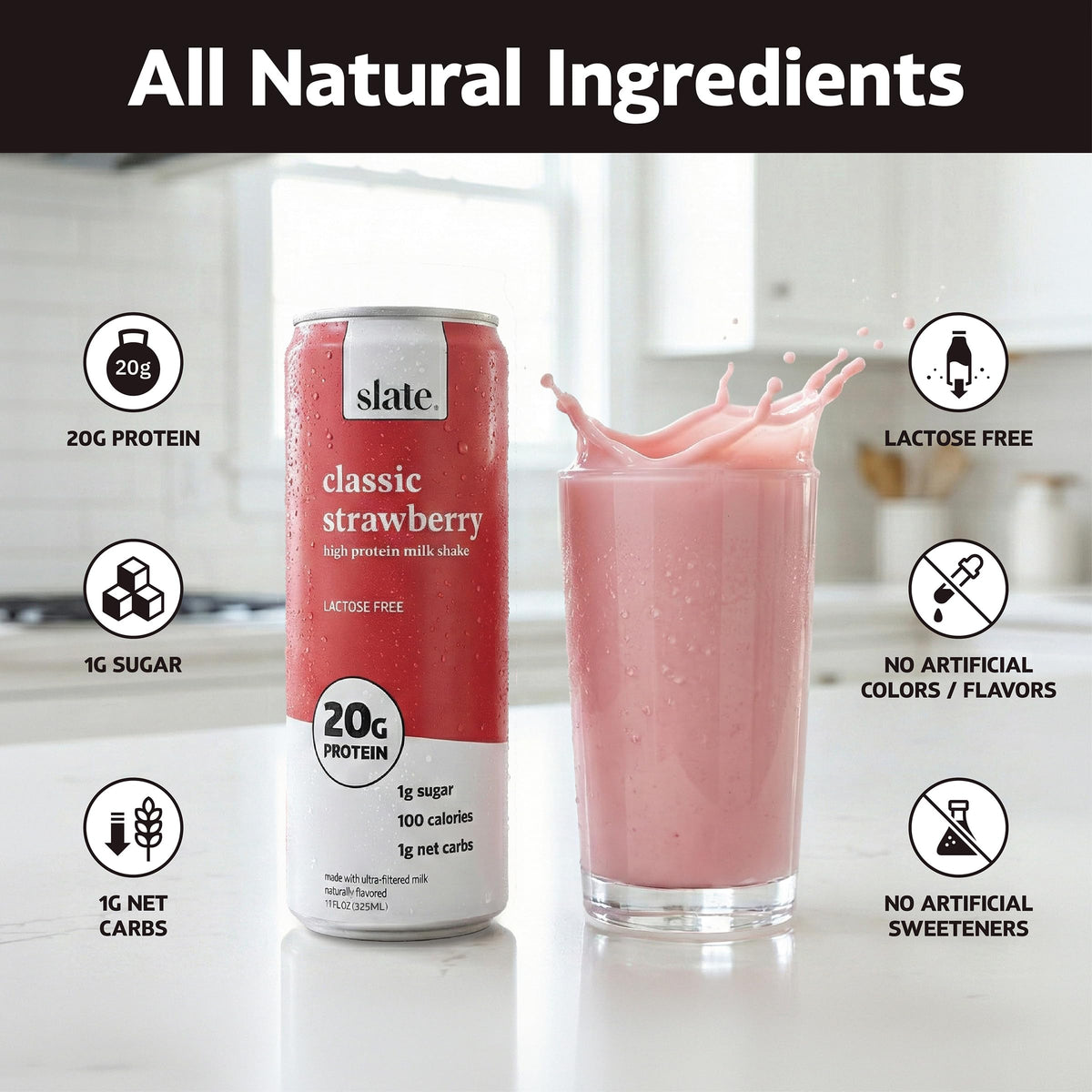 Slate Milk strawberry pour demonstrates convenient on-the-go protein boost.