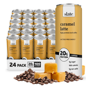 Slate Milk iced coffee caramel latte can for a creamy morning boost with protein