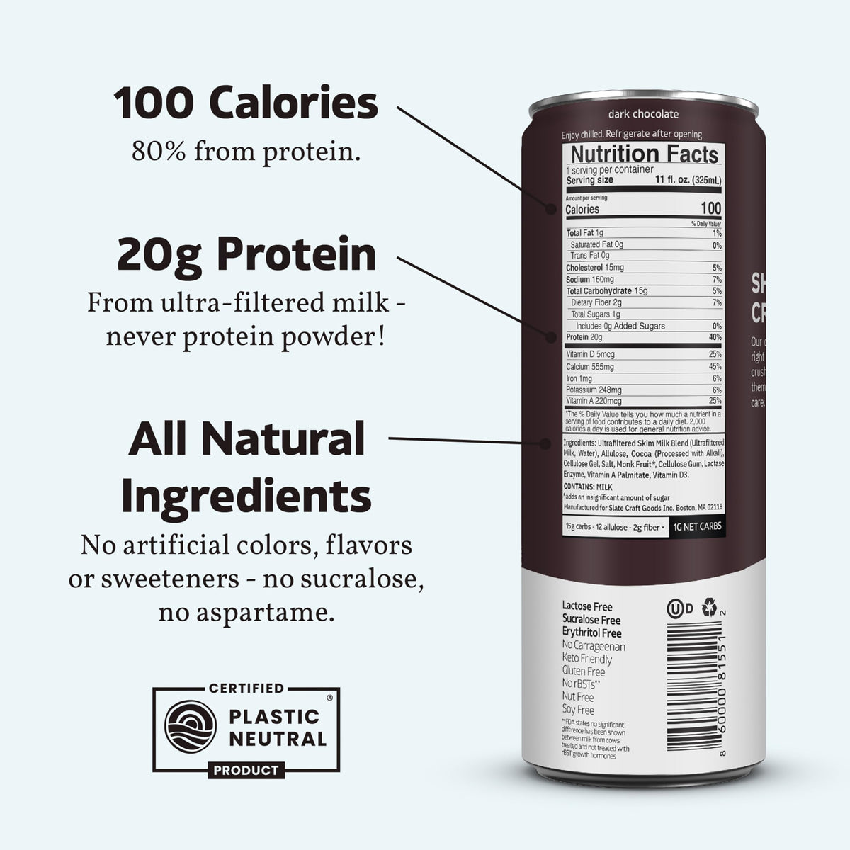Slate Milk allulose and monk fruit ingredients provide natural sweetness.