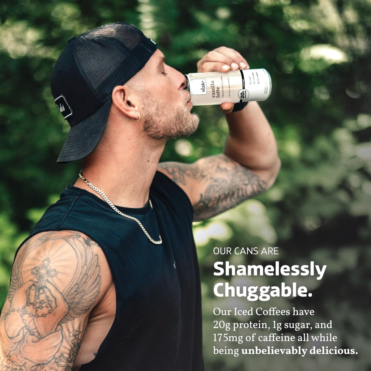 Slate Milk Vanilla Latte can label shows No Sugar Added and 1g sugar.