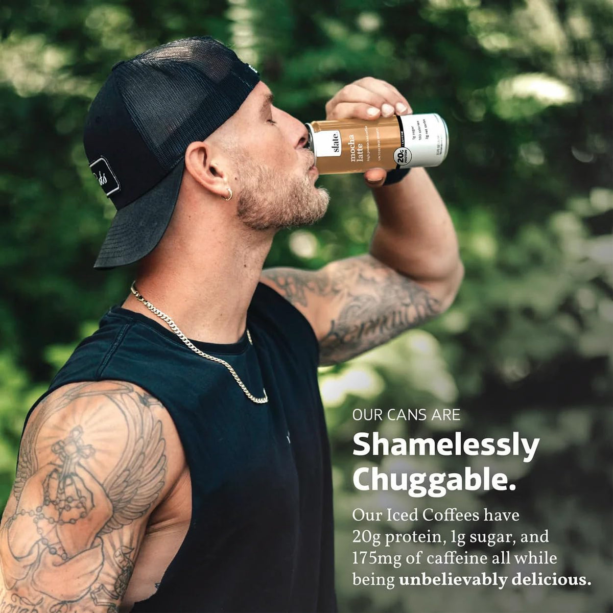 Slate Milk no-sugar-added nutrition panel shown with 20g protein