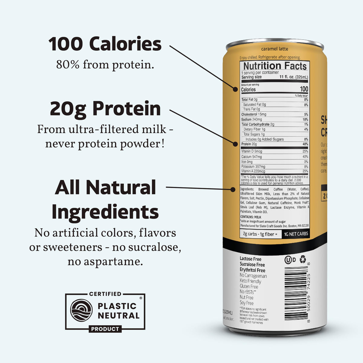 Slate Milk Caramel Latte can – shelf-stable packaging, refrigeration not required.