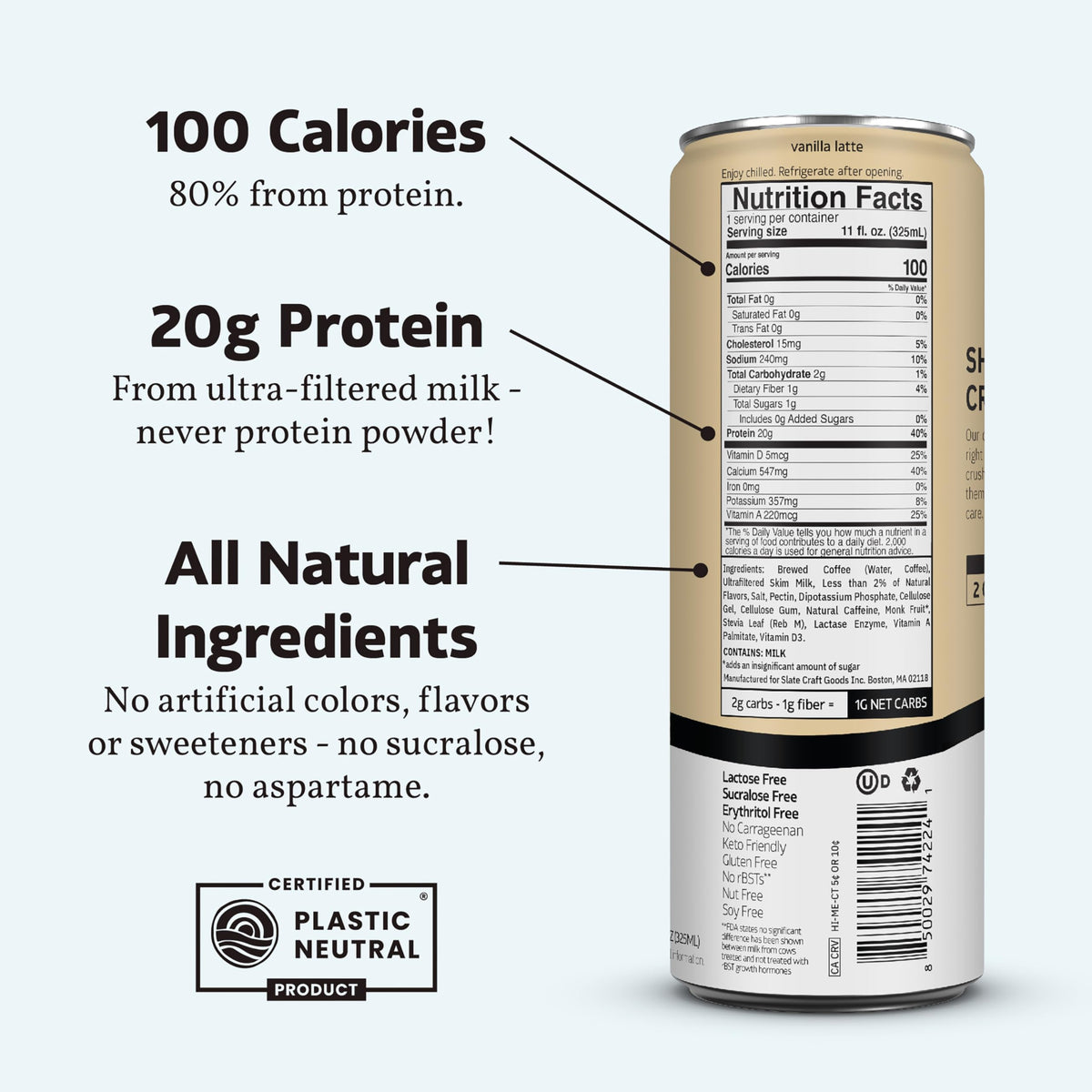 Shelf-stable 12-pack of Slate Milk cans, no refrigeration needed.