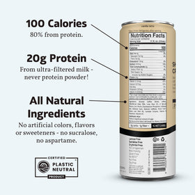 Shelf-stable 12-pack of Slate Milk cans, no refrigeration needed.