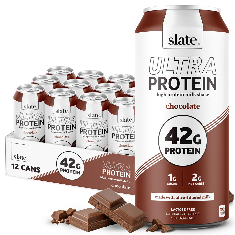 Slate Milk Ultra Protein Shake chocolate bottle pour showcases a convenient high-protein option