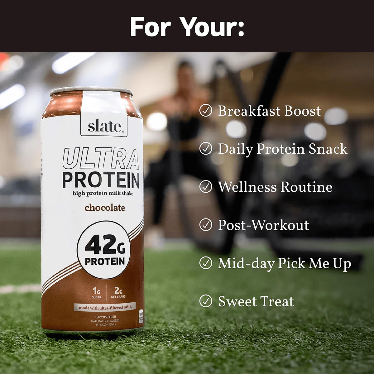 Slate Milk Ultra Protein Shake chocolate label close-up emphasizes ultrafiltered milk and clean ingredients