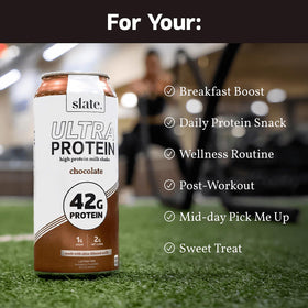 Slate Milk Ultra Protein Shake chocolate label close-up emphasizes ultrafiltered milk and clean ingredients