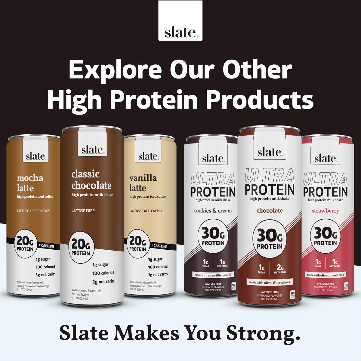 Slate Milk Ultra Protein Shake chocolate packaging 12 cans emphasizes convenient multi-pack