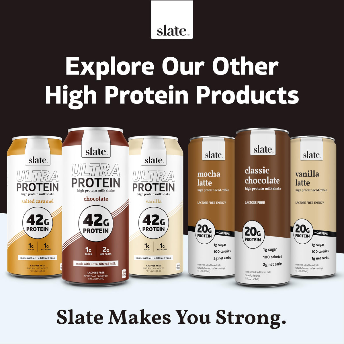 Slate Milk Ultra Protein Shake nutrition panel emphasizes 30g protein and 130 calories