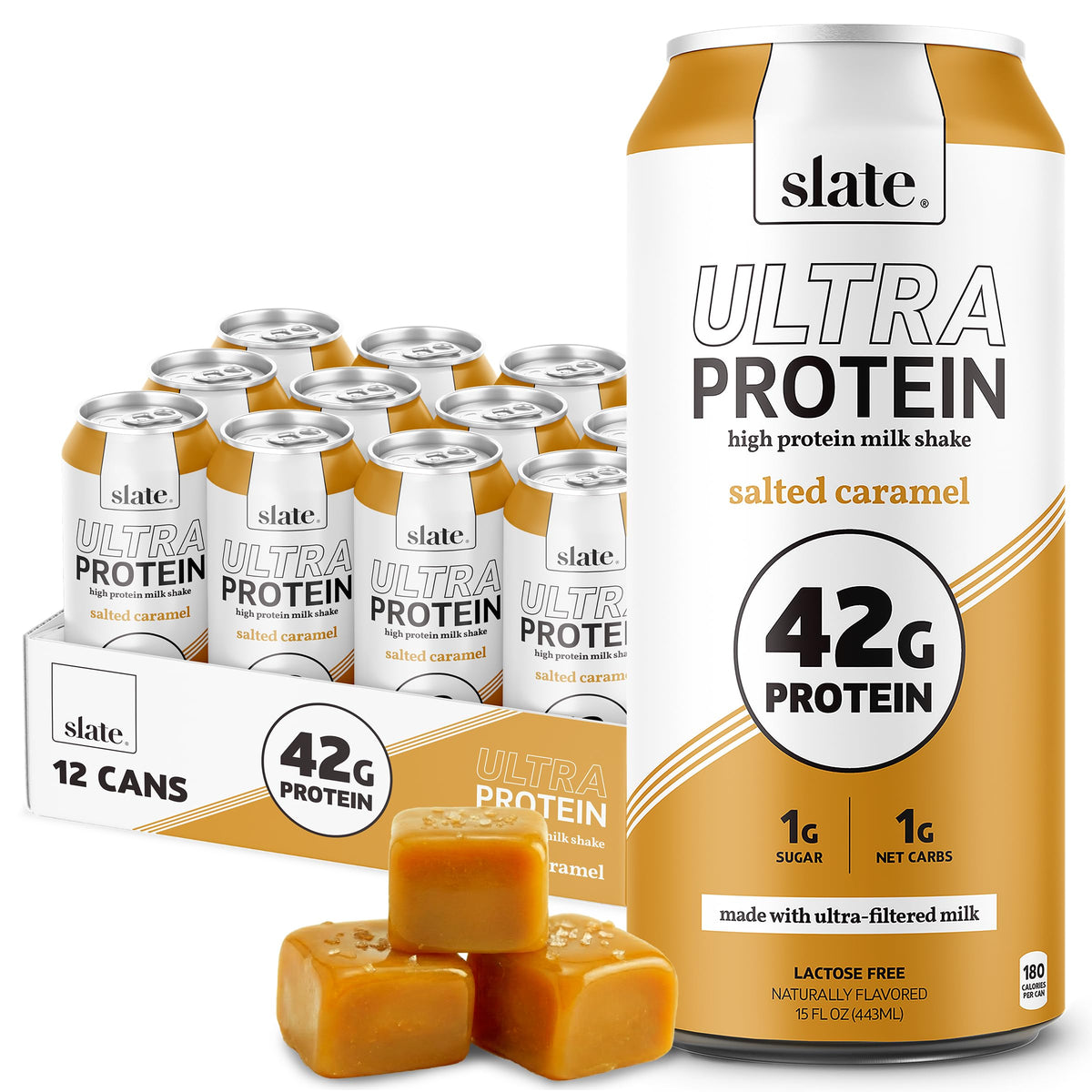 Slate Milk Ultra Protein Shake salted caramel bottle pour for post-workout fuel