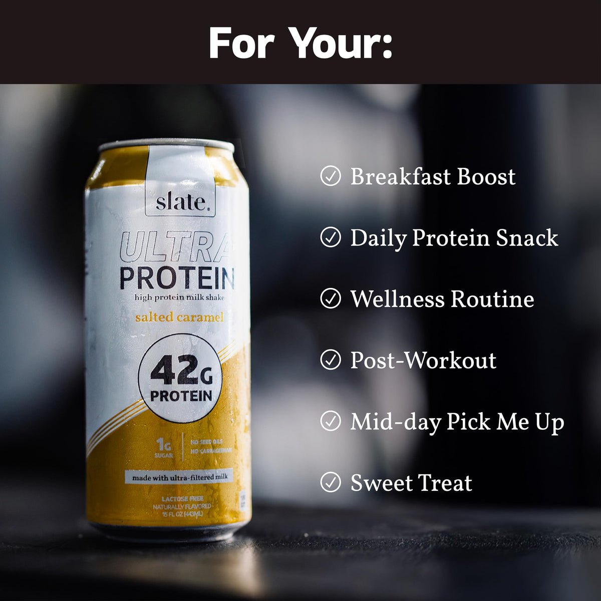Slate Milk Ultra Protein Shake salted caramel label close-up showing macros
