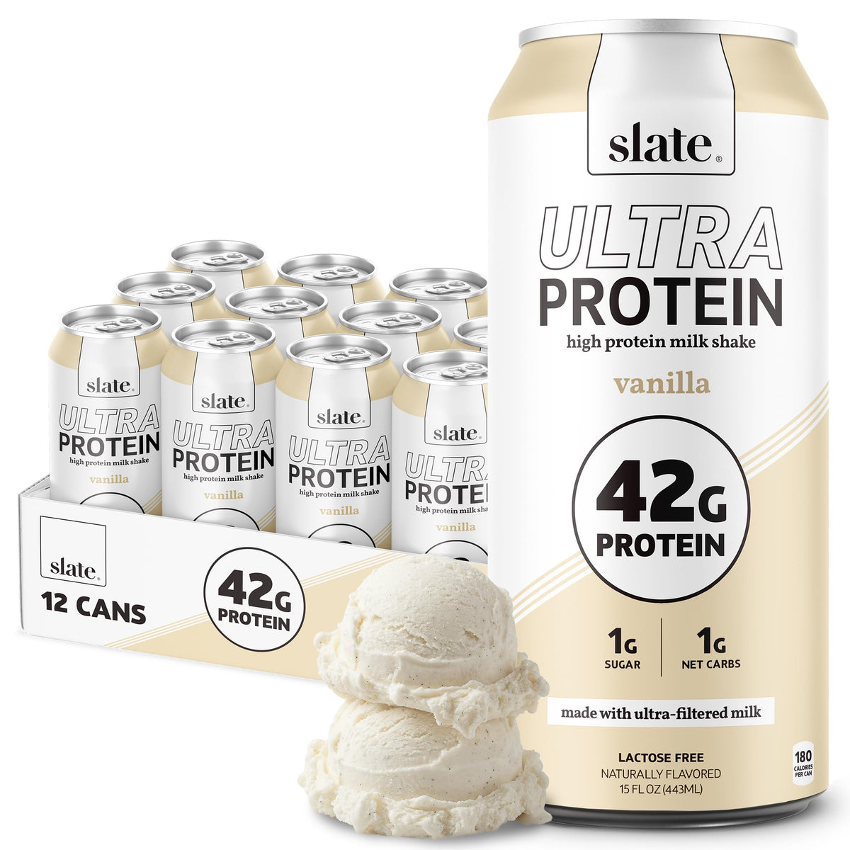 Slate Milk Ultra Protein Shake Vanilla bottle highlighting high protein and lactose-free formula
