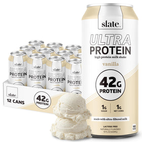 Slate Milk Ultra Protein Shake Vanilla bottle highlighting high protein and lactose-free formula