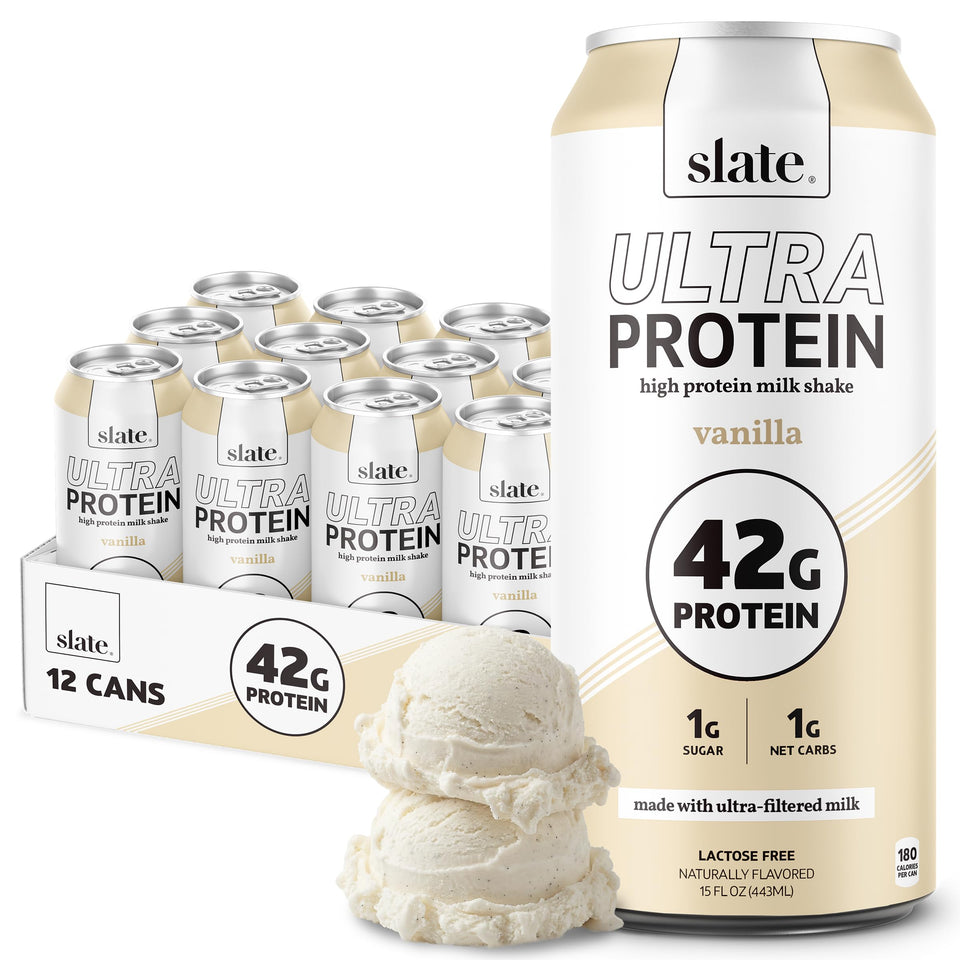 Slate Milk Ultra Protein Shake Vanilla bottle highlighting high protein and lactose-free formula