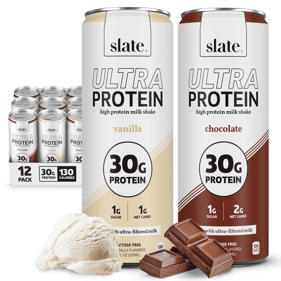 Slate Milk Ultra Protein Shake vanilla cans display ready-to-drink convenience for busy mornings