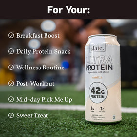 Slate Milk Ultra Protein Shake Vanilla nutrition panel showcases 42g protein and 180 calories