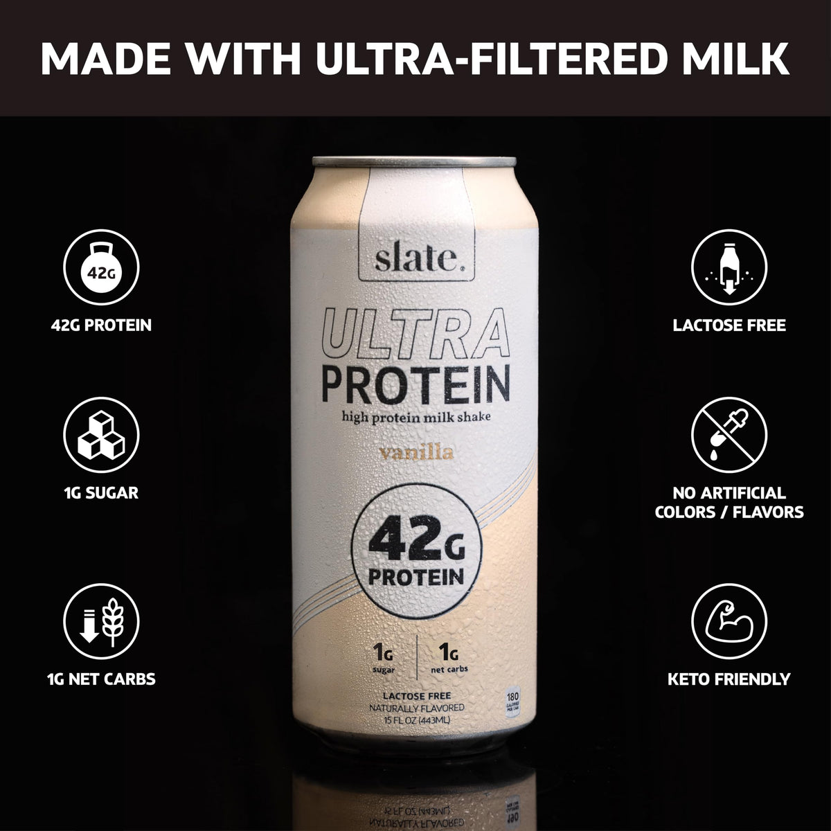 Slate Milk Ultra Protein Shake Vanilla pour showing smooth texture ideal for quick breakfasts