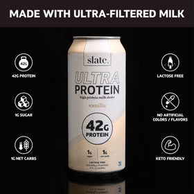 Slate Milk Ultra Protein Shake Vanilla pour showing smooth texture ideal for quick breakfasts