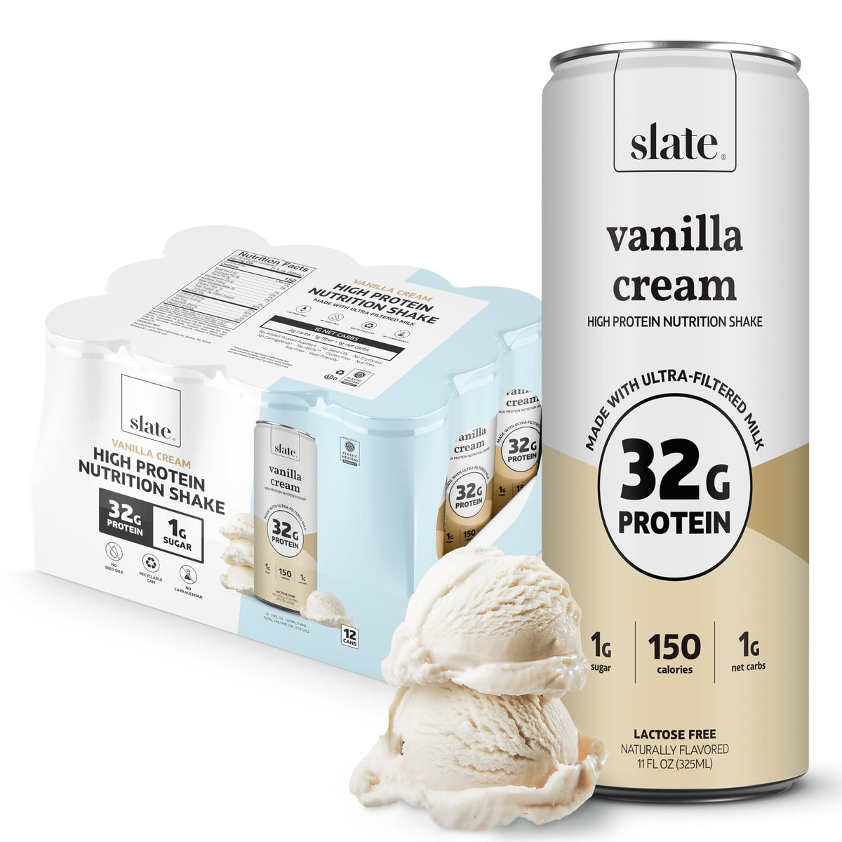 Slate Milk Vanilla Cream can front showing 32g protein for active lifestyles.