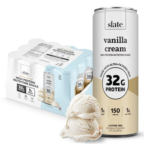 Slate Milk Vanilla Cream can front showing 32g protein for active lifestyles.