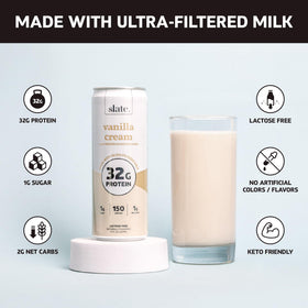 Slate Milk Vanilla Cream nutrition label highlights 1g sugar and 1g net carbs.