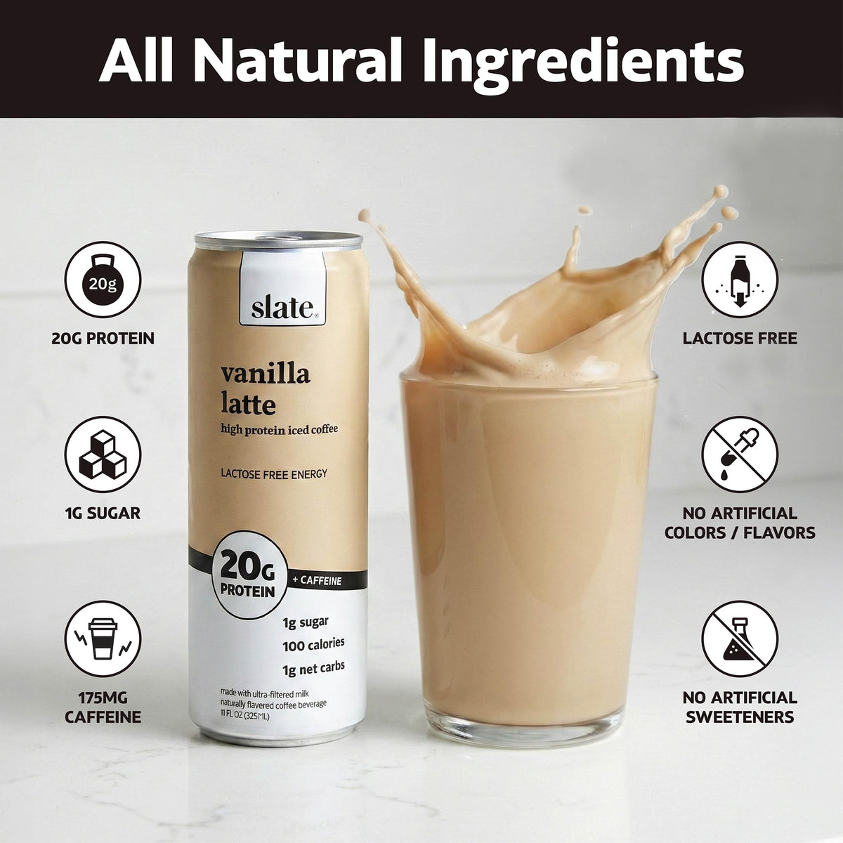 Slate Milk Vanilla Latte being poured into a glass, highlighting 20g protein.