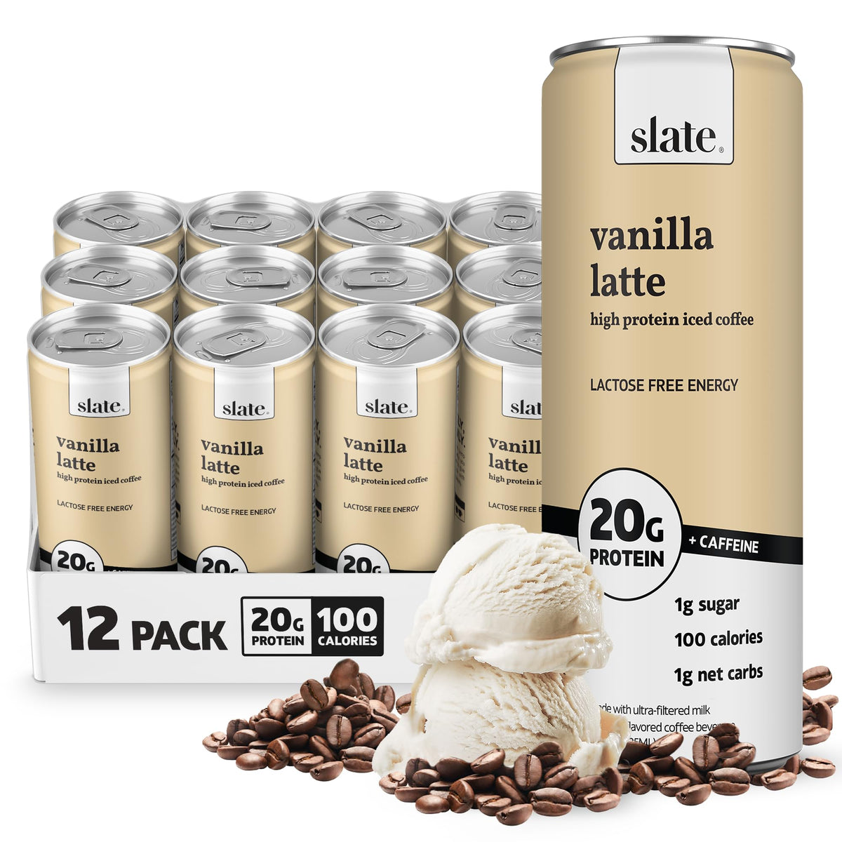 Slate Milk Vanilla Latte can with ice, showcasing protein-packed caffeinated beverage.
