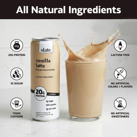 Slate Milk Vanilla Latte nutrition label close-up shows 20g protein