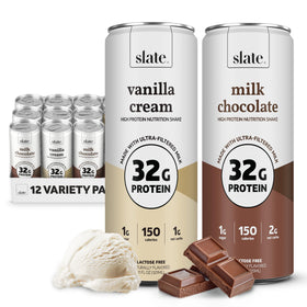 Slate Milk variety-pack can shows milk chocolate flavor for on-the-go protein