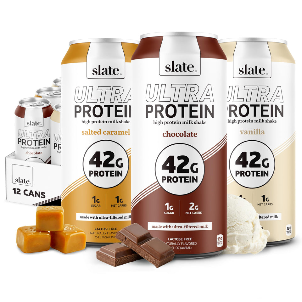 Slate Milk Ultra Protein Shake Chocolate bottle highlights a creamy, protein-packed option.