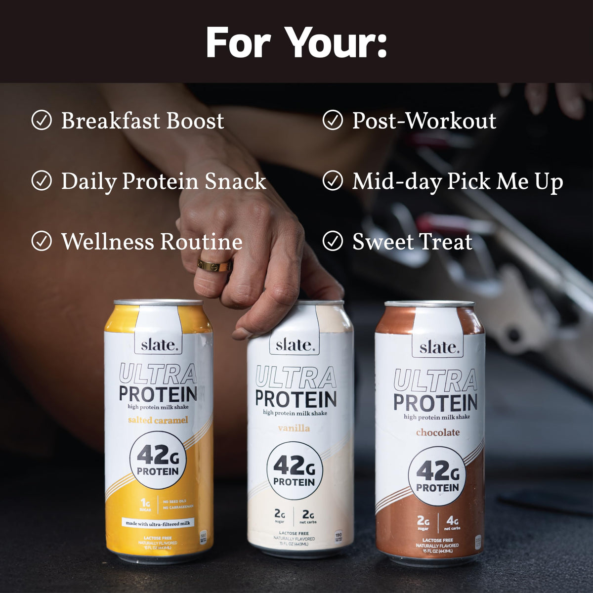 Slate Milk Ultra Protein Shake Salted Caramel bottle offers a satisfying zero added sugar choice.