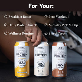 Slate Milk Ultra Protein Shake Salted Caramel bottle offers a satisfying zero added sugar choice.