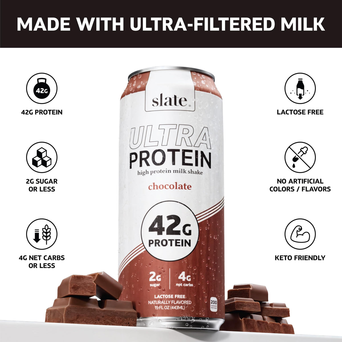Slate Milk Ultra Protein Shake Vanilla bottle presents a smooth, versatile taste.