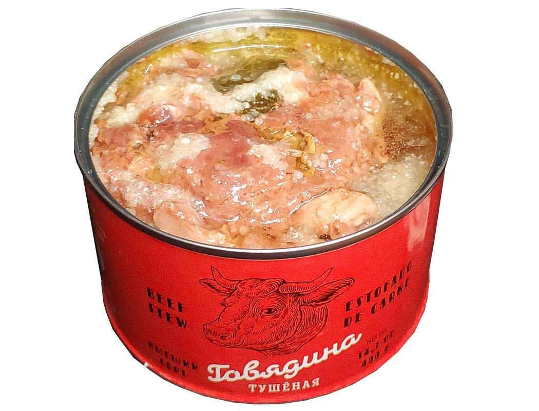 Slavos Beef Stew can opened and ready to serve, protein-rich option.