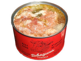 Slavos Beef Stew can opened and ready to serve, protein-rich option.