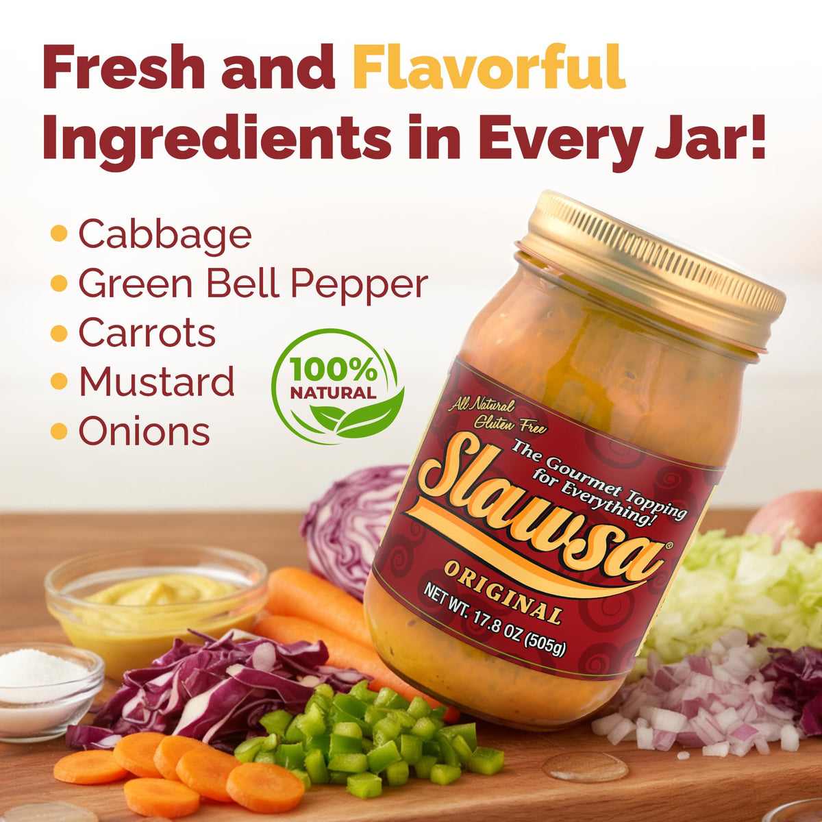 Slawsa Original Crunchy Gourmet Topping jar side view – easy topping for meals.