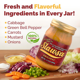 Slawsa Original Crunchy Gourmet Topping jar side view – easy topping for meals.