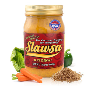 Slawsa Original Crunchy Gourmet Topping jar – crisp, versatile burger topper.