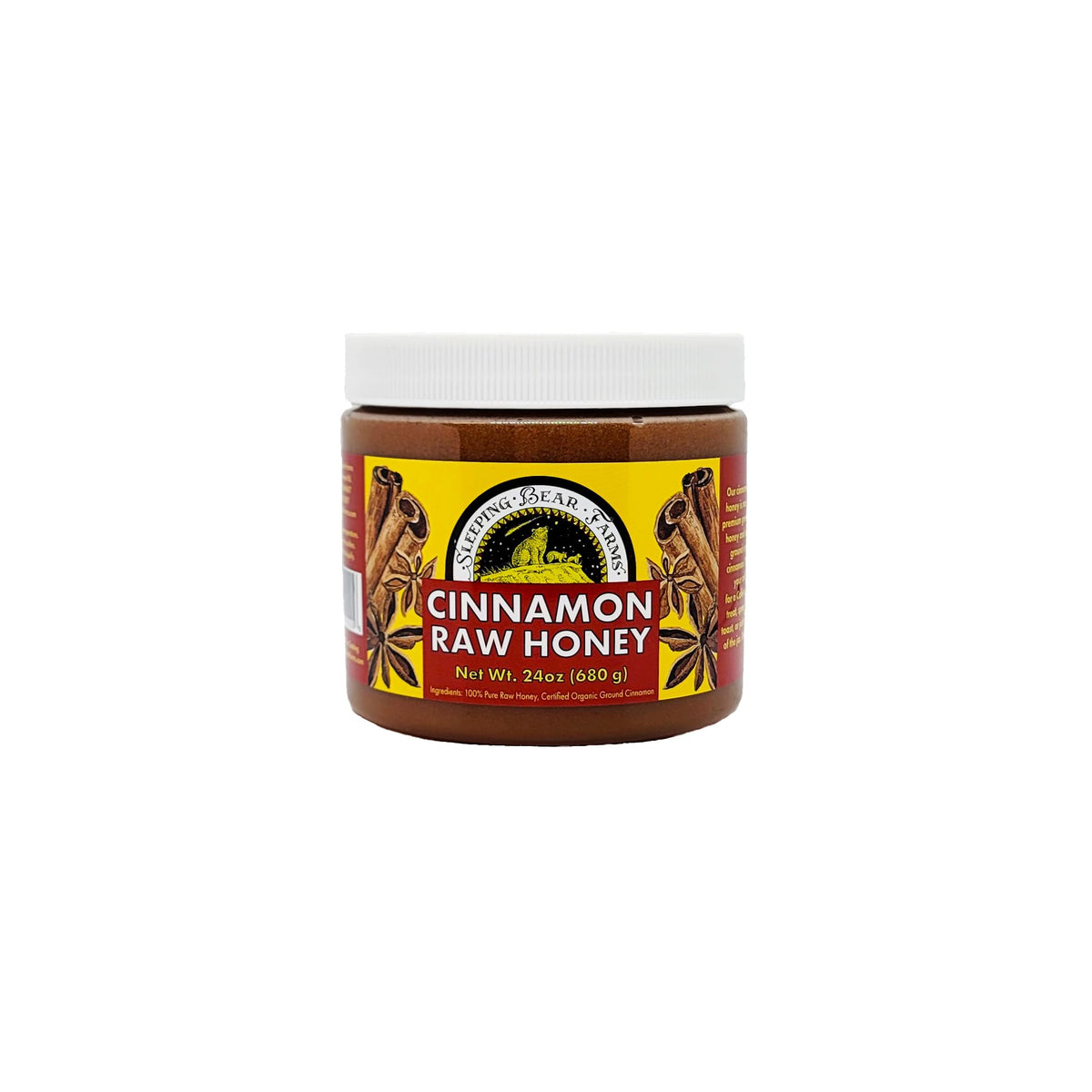 Sleeping Bear Farms cinnamon raw honey jar open, inviting aroma for tasting