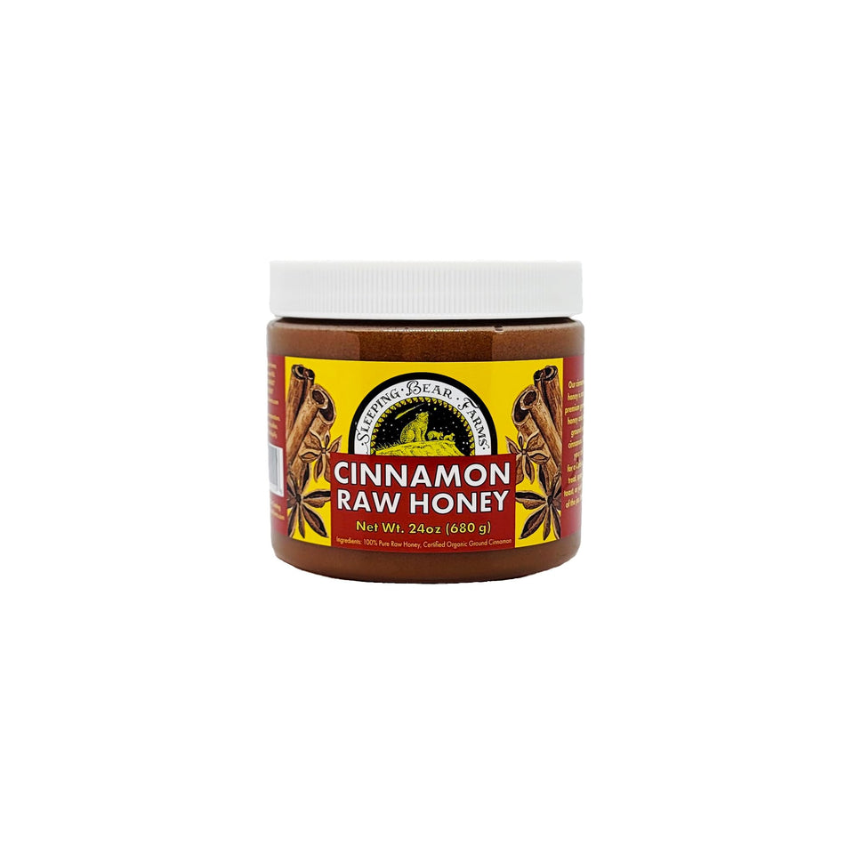 Sleeping Bear Farms cinnamon raw honey jar open, inviting aroma for tasting
