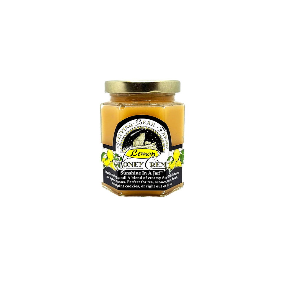 Sleeping Bear Farms Lemon Creme Honey jar - smooth spread, perfect on toast or scones.