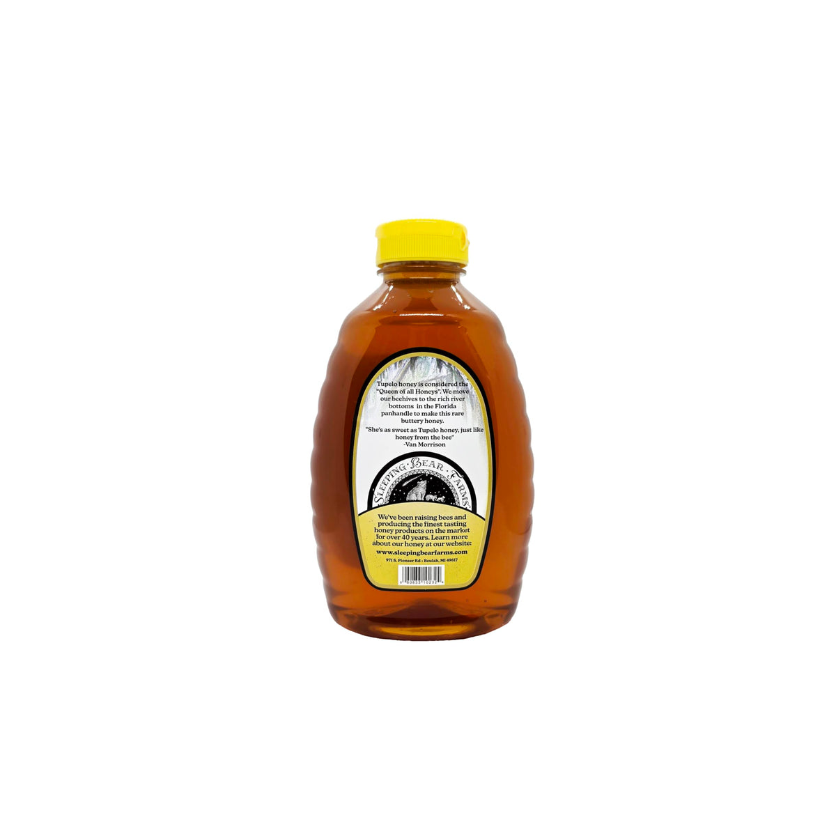 Sleeping Bear Farms Tupelo honey jar close-up shows light color and natural texture for drizzle.