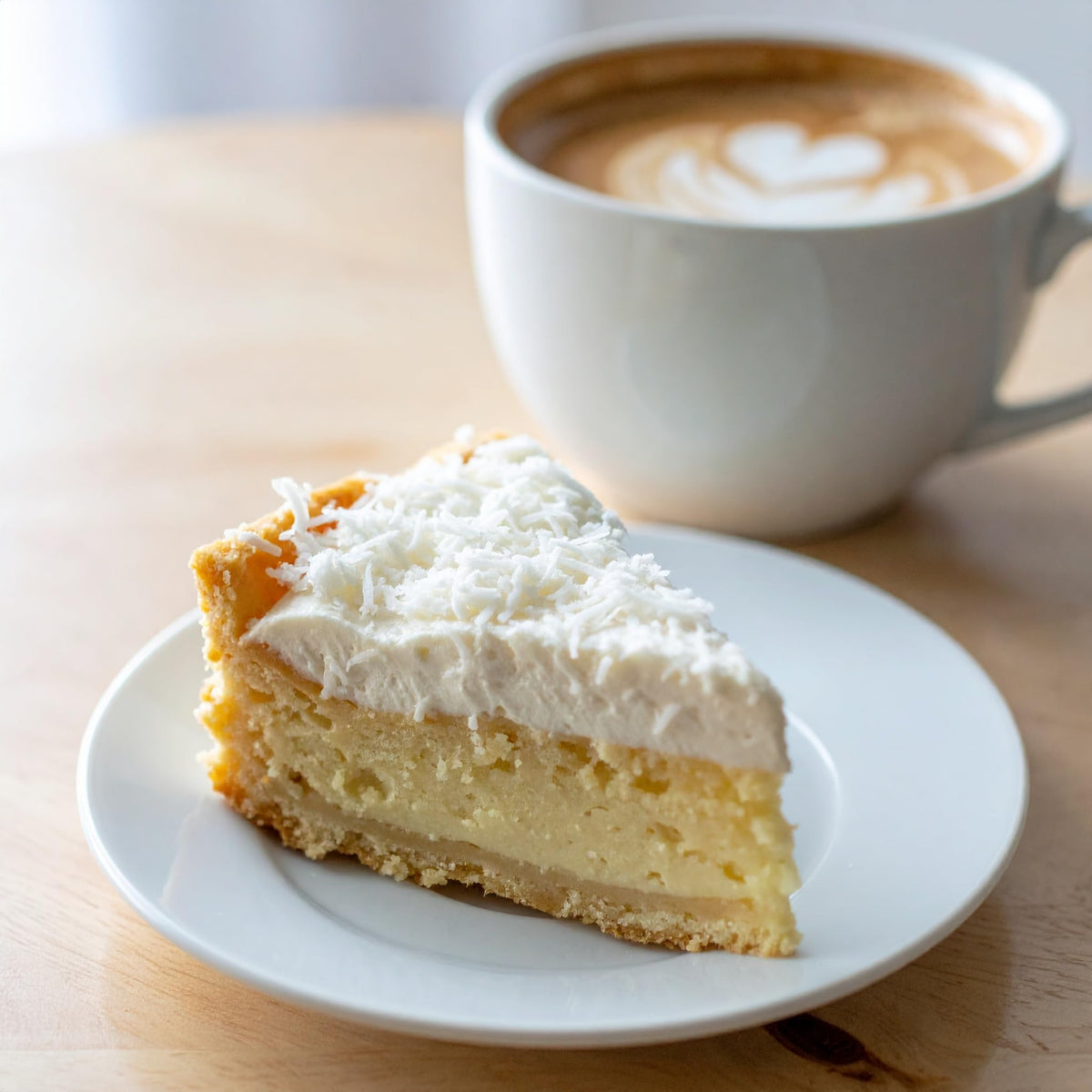 Slice Coffee coconut cream pie cup emits warm, inviting aroma.