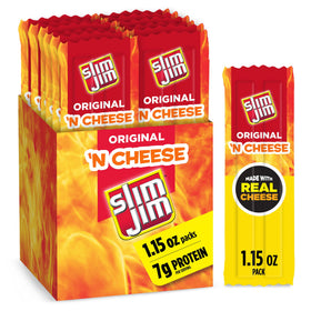Slim Jim Beef 'N Cheese box front, 14-stick multipack for on-the-go snacking