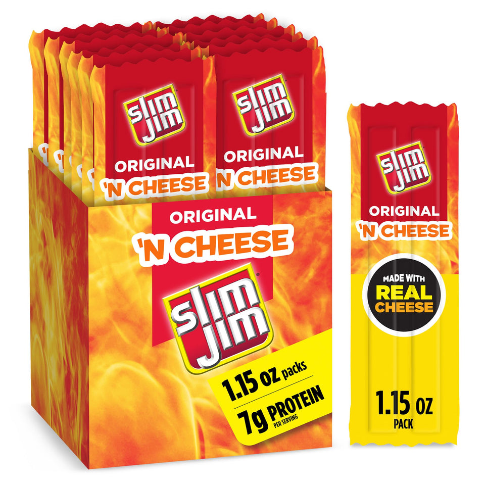 Slim Jim Beef 'N Cheese box front, 14-stick multipack for on-the-go snacking
