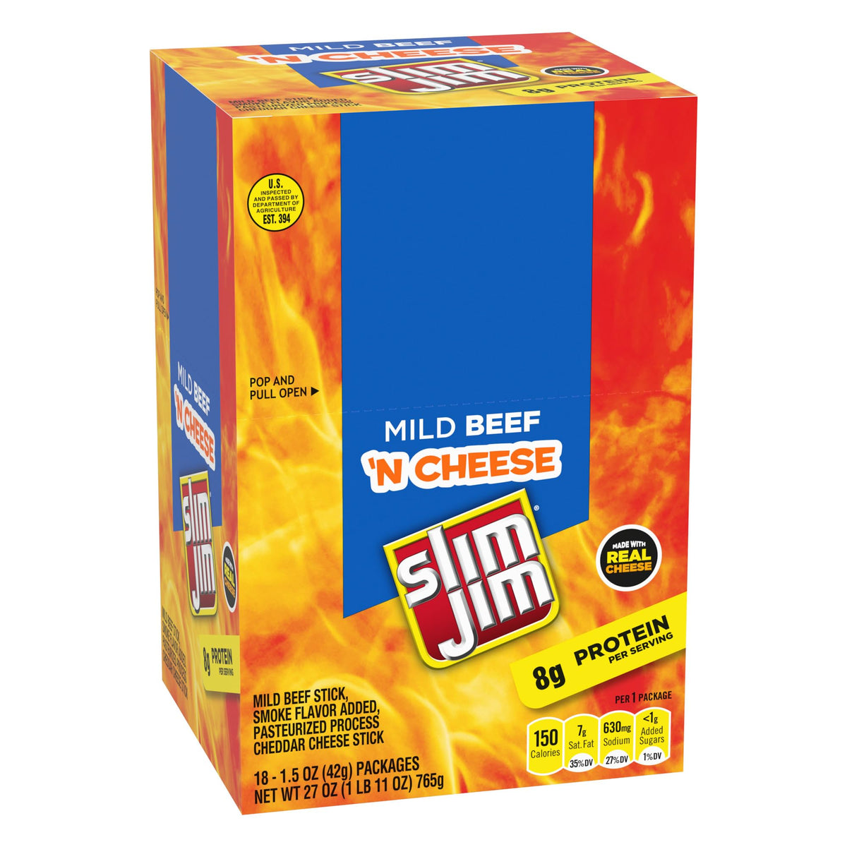 Close-up of Slim Jim Beef N Cheese stick with beef and cheese visuals