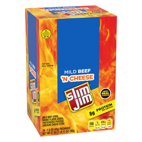 Close-up of Slim Jim Beef N Cheese stick with beef and cheese visuals