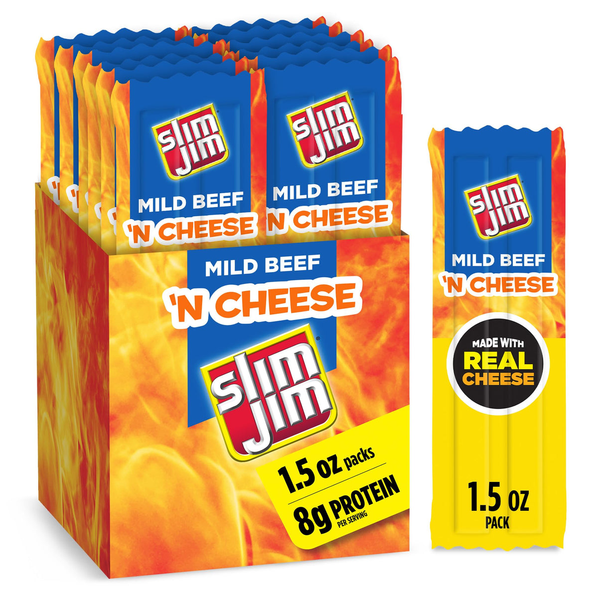 Slim Jim Beef N Cheese sticks packaging shows grab-and-go snack appeal