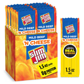 Slim Jim Beef N Cheese sticks packaging shows grab-and-go snack appeal