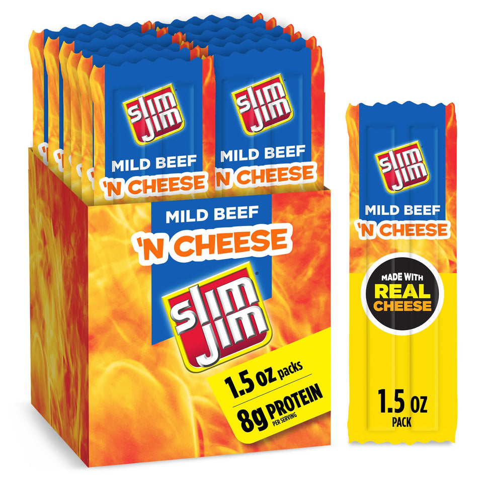 Slim Jim Beef N Cheese sticks packaging shows grab-and-go snack appeal